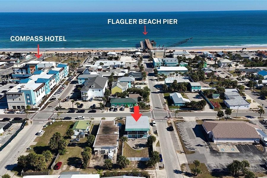 Aerial of downtown Flagler Beach with 212 S Daytona Ave marked