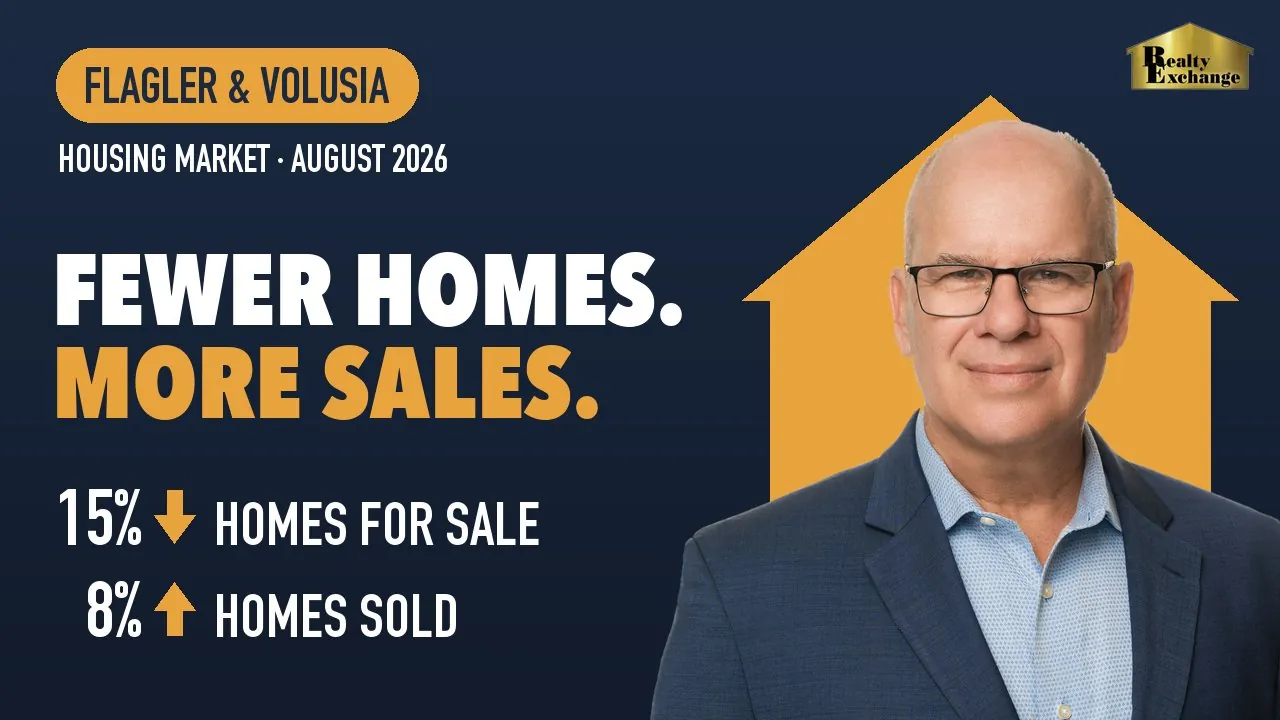 August 2026 Market Update cover: Flagler and Volusia housing market. Fewer homes, more sales. Homes for sale down 15%, homes sold up 8%.